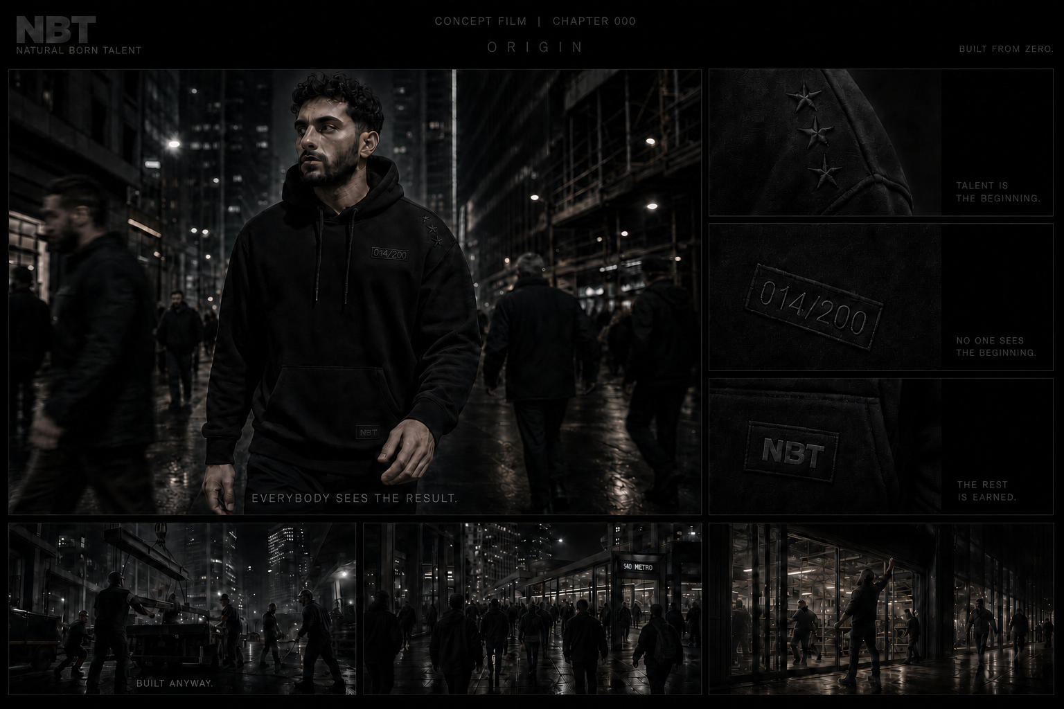 Drop 001 black hoodie in a city campaign